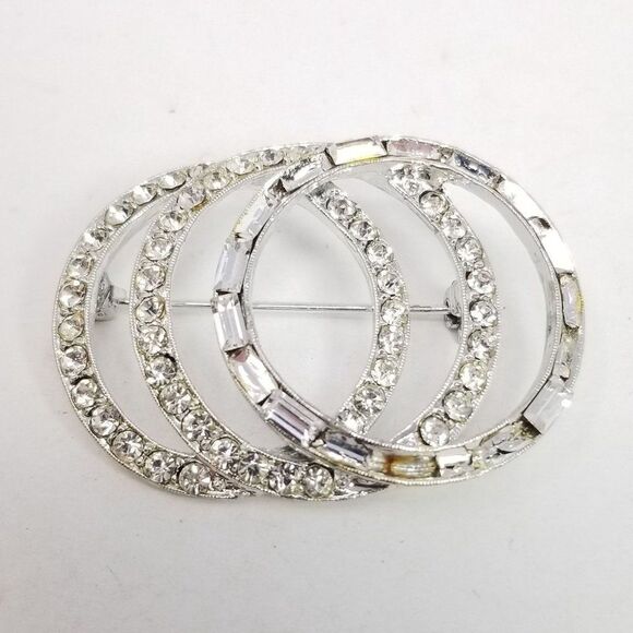 Vintage Triple Ring Silver Tone Rhinestone Brooch, Missing Stones, Estate - Picture 2 of 6